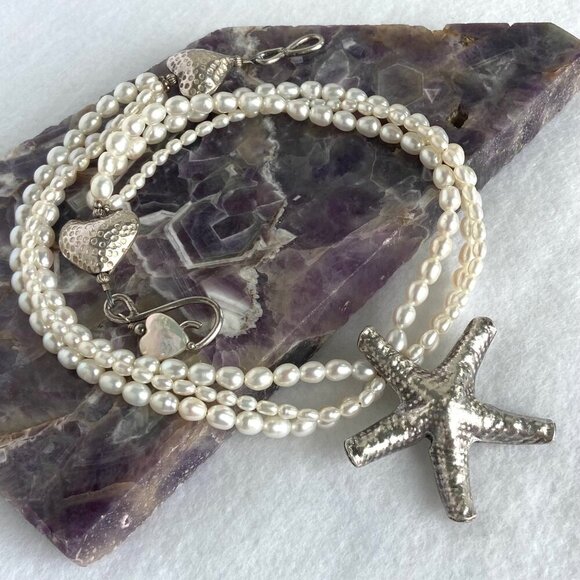 Sterling Silver 925 Layered Triple Strand Freshwater Pearl Starfish Necklace - Picture 13 of 16